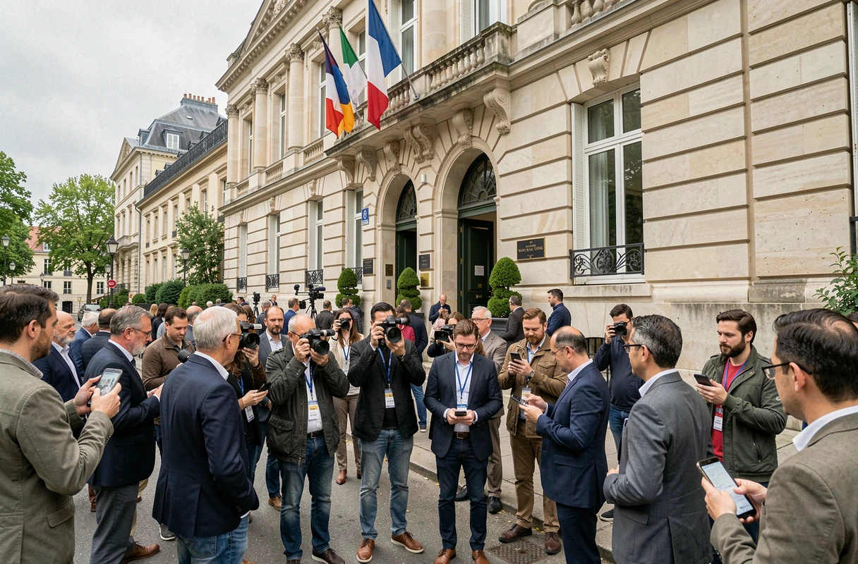 Groupe de journalistes et observateurs rassemblés devant un bâtiment gouvernemental français avec drapeaux tricolores, photojournalisme politique