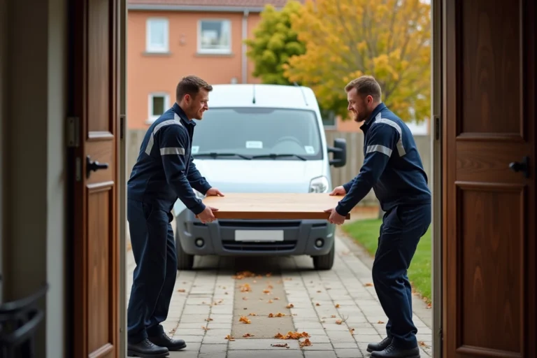 Deux livreurs Emmaüs transportant une table en chêne massif lors d'une livraison de meuble à domicile