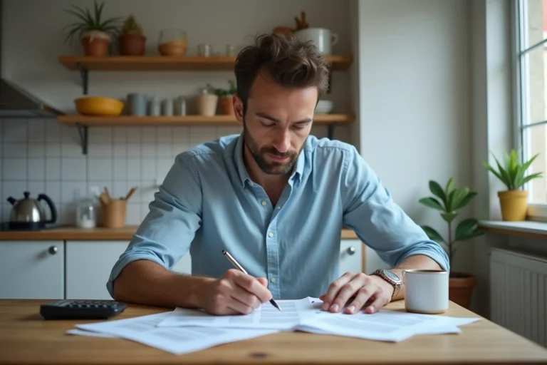 Locataire analysant ses charges locatives et factures dans un appartement français