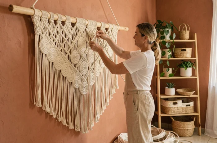 Femme créant un macramé mural avec de la corde de coton naturelle suspendue à une tige en bois dans un intérieur bohème