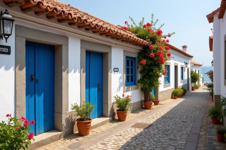 Façade d'une maison de pêcheur traditionnelle portugaise avec murs blanchis à la chaux et carreaux bleus, village côtier du Portugal