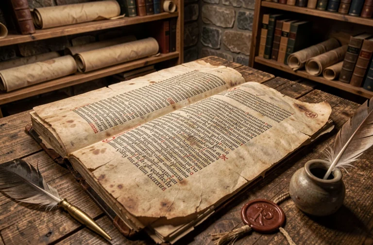 Manuscrit médiéval sur parchemin représentant un document historique carolingien de l'Ordinatio Imperii posé sur une table en chêne dans un scriptorium