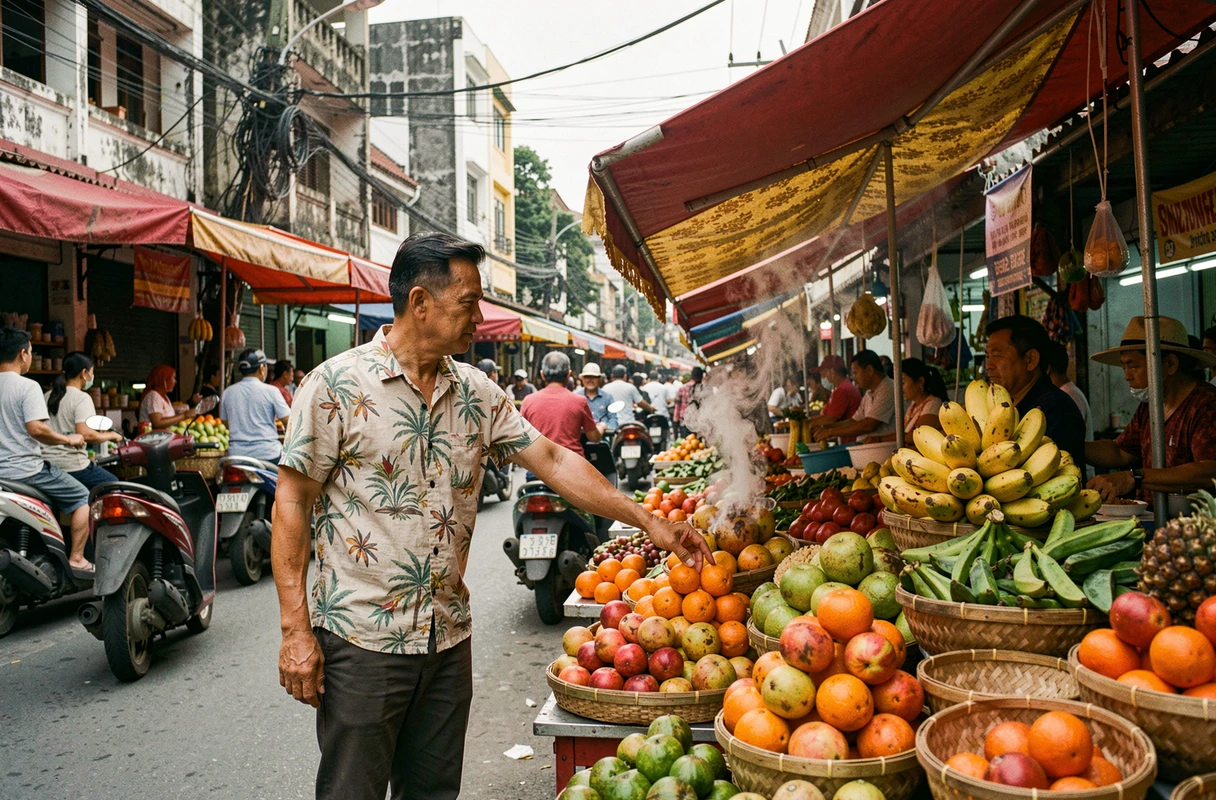 Voyageur explorant un marché de rue animé à Bangkok, Thaïlande, fruits tropicaux et ambiance urbaine authentique