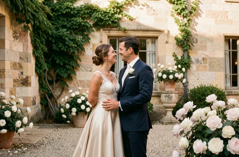 Mariés élégants dans la cour d'un château français lors de leur mariage inoubliable