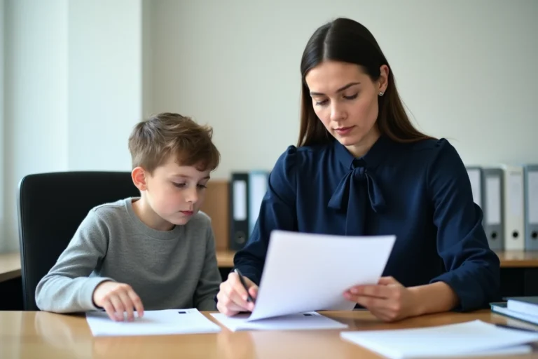 Mère et enfant consultant des documents administratifs pour une demande de passeport avec nom d'usage
