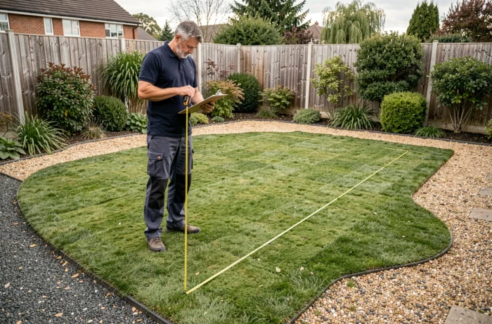 Homme mesurant la superficie d'un jardin irrégulier à quatre côtés différents avec un mètre ruban