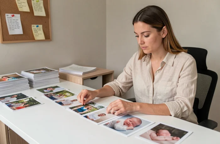 Femme arrangeant des photos imprimées en ordre chronologique inversé, du jour d'anniversaire jusqu'à la naissance de son enfant