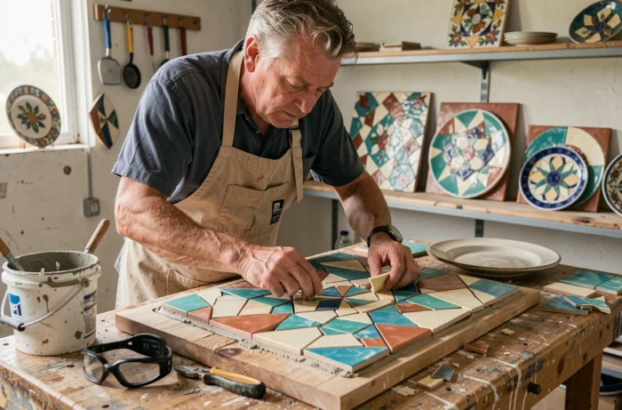 Homme assemblant une mosaïque avec des chutes de carrelage et de vaisselle cassée sur une planche en bois dans un atelier