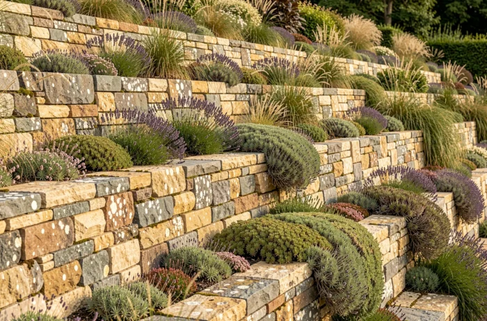 Jardin en terrasses structuré par des murets en pierres sèches empilées, avec des niveaux plantés de lavande et de plantes couvre-sol retombantes sur les parois calcaires