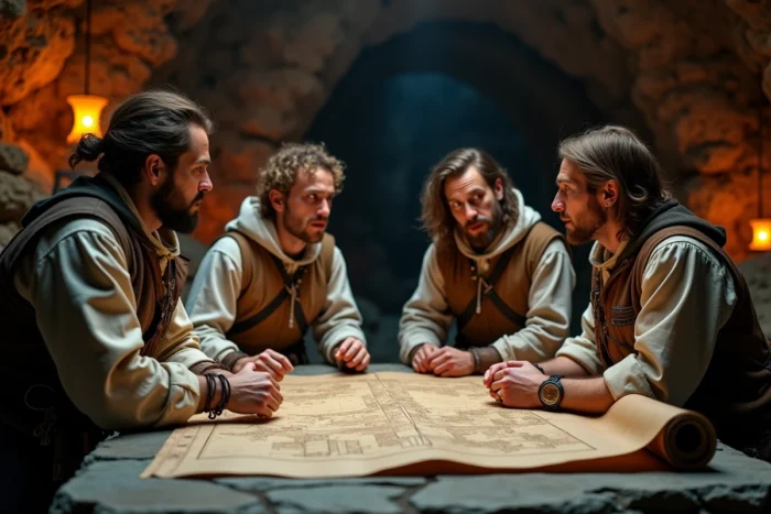 Groupe d'alliés pirates examinant une carte stratégique dans une grotte rocheuse, illustrant les révélations et alliances du scan One Piece 1141