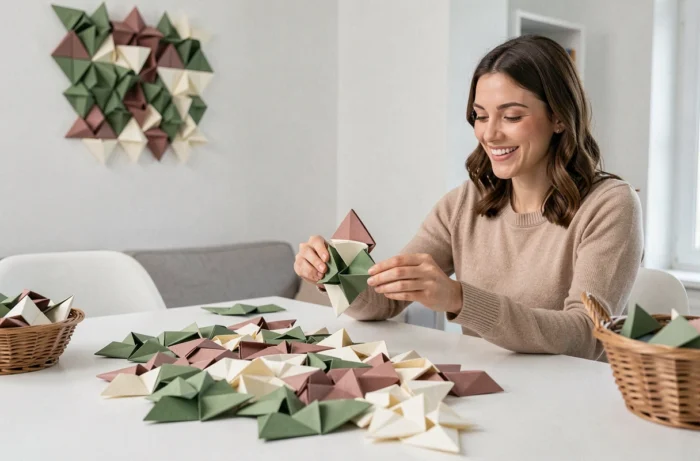 Femme assemblant une décoration murale en origami modulaire avec des modules de papier colorés dans un appartement moderne