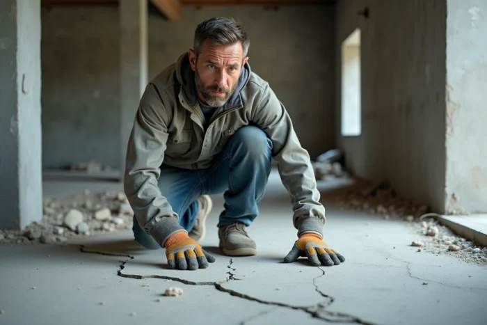 Ouvrier inspectant des fissures sur une dalle de mortier fraîchement coulée dans un bâtiment en construction