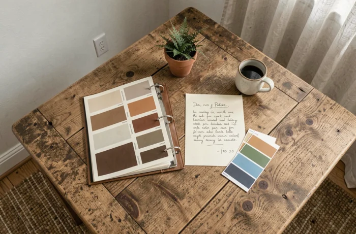 Palette de couleurs professionnelle, devis manuscrit et échantillons de peinture sur une table en chêne pour un conseil déco à domicile