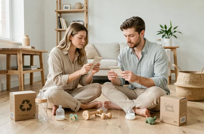 Couple de jeunes parents évaluant des produits bébé éthiques et écologiques sur le sol de leur salon