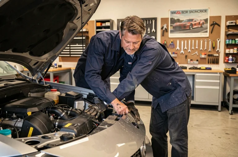 Passionné d'automobile inspectant le moteur d'une berline sportive dans un garage privé bien équipé