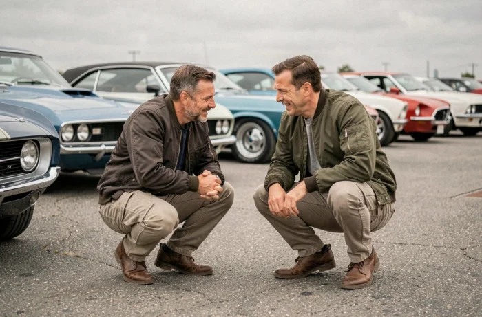 Deux passionnés de voitures classiques examinant une muscle car restaurée lors d'un rassemblement automobile en plein air