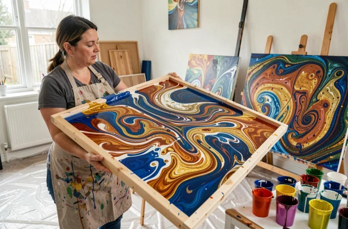 Femme réalisant une peinture acrylique par coulage sur toile avec des peintures fluides colorées qui se mélangent en spirales
