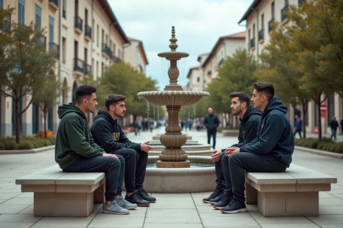 Place publique dégradée dans un quartier de Montpellier avec des jeunes adultes en discussion informelle
