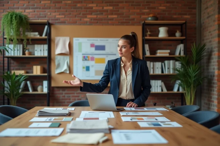 Planificatrice d'événements professionnelle organisant un tableau de planification avec checklists et moodboards dans un bureau moderne