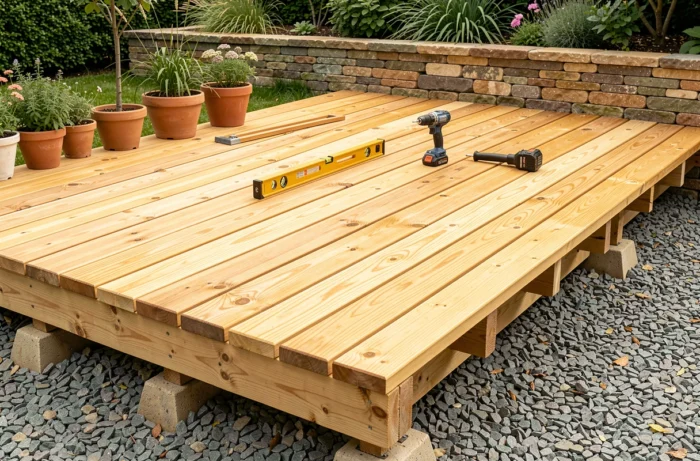 Terrasse en platelage bois posée sur lambourdes au-dessus d'un lit de gravier, avec planches en bois dur alignées, niveau à bulle et perceuse posés sur la surface en cours de construction