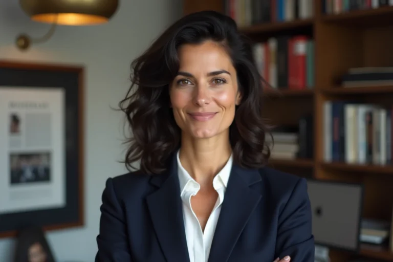 Portrait éditorial d'Amandine Atalaya dans un bureau parisien, femme journaliste aux cheveux ondulés bruns portant un blazer marine