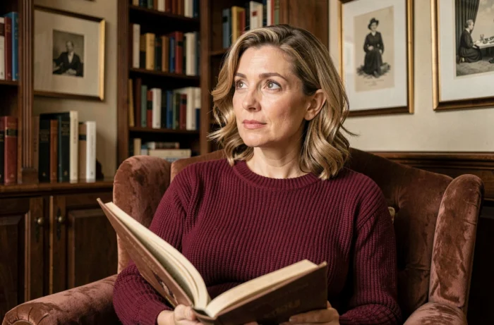 Femme cultivée dans une bibliothèque chaleureuse tenant un livre ouvert, portrait intimiste évoquant la biographie d'une artiste française