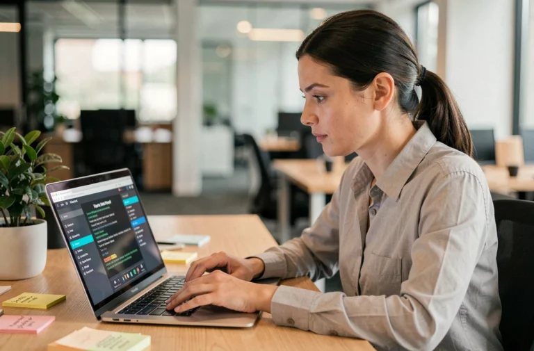 Femme technicienne analysant des erreurs logicielles sur un ordinateur portable pour prévenir les pannes de plateforme