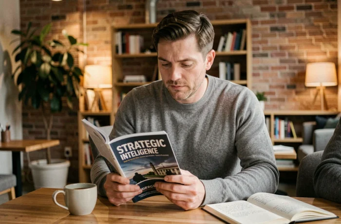 Professionnel lisant un magazine SLR de veille stratégique dans un espace de co-working chaleureux avec carnet de notes