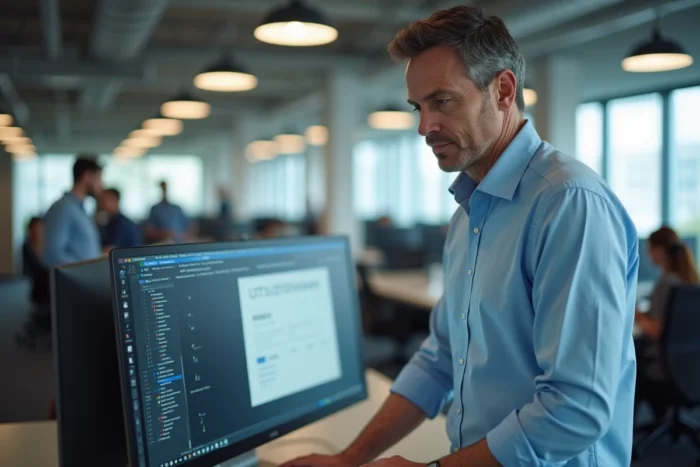 Professionnel recherchant la nouvelle adresse d'un site web sur un ordinateur de bureau dans un open space