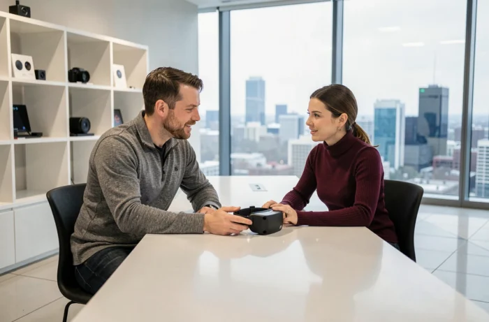 Deux professionnels examinant un casque de réalité augmentée dans un showroom technologique moderne en 2024