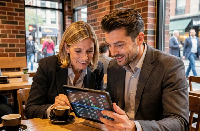 Deux professionnels de la finance discutant des actualités boursières sur tablette dans un café urbain animé