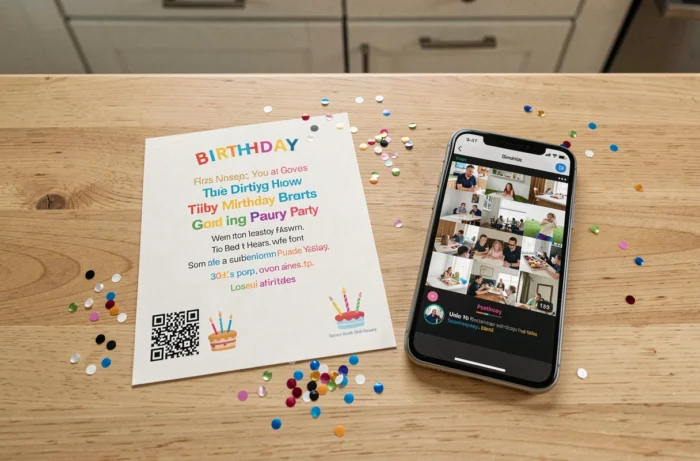 Carte d'invitation d'anniversaire avec QR code imprimé permettant d'accéder au diaporama vidéo sans clé USB