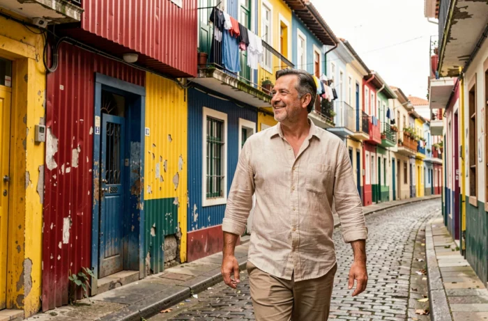 Touriste se promenant dans le quartier coloré de La Boca à Buenos Aires en août, façades peintes aux couleurs vives et rues pavées