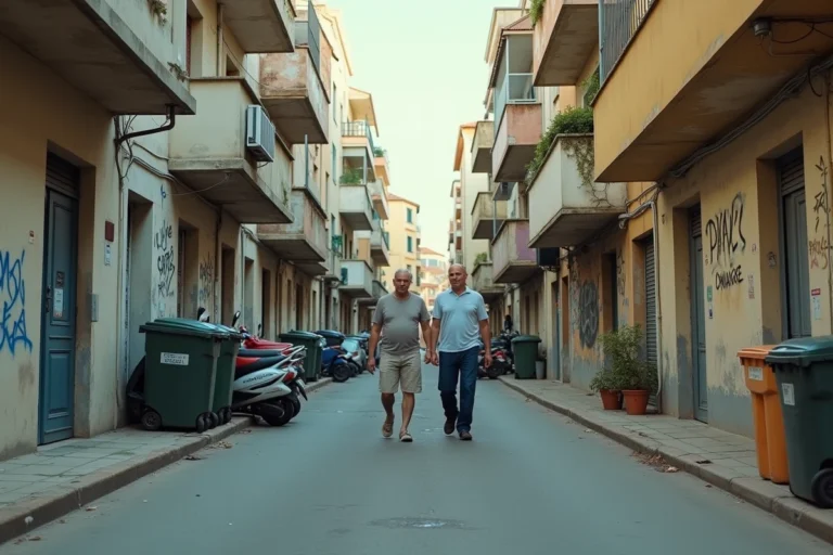 Rue d'un quartier populaire de Montpellier avec immeubles vétustes, graffitis et trottoirs dégradés