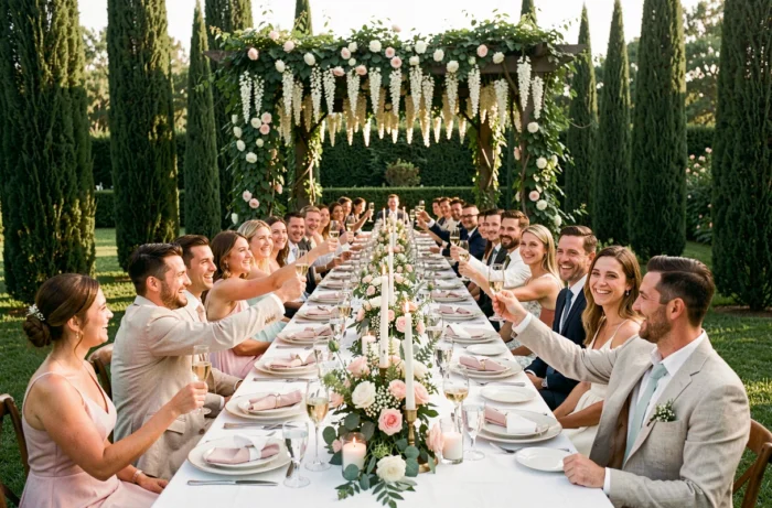 Invités du mariage portant un toast lors d'une réception élégante en plein air dans un jardin