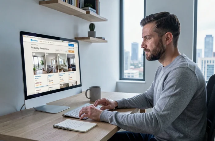 Homme recherchant des annonces immobilières en ligne depuis son bureau à domicile