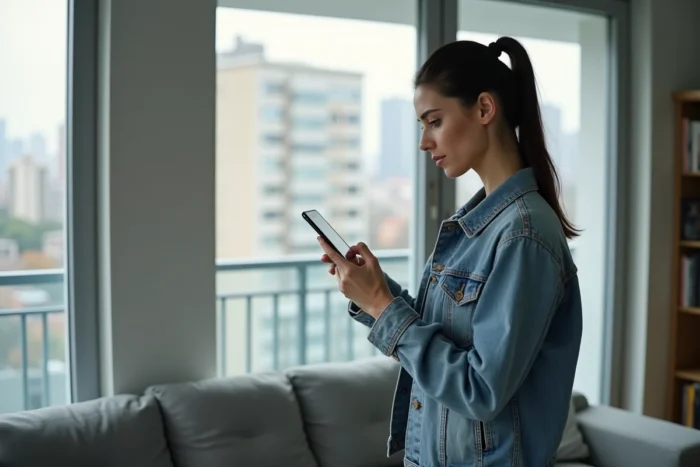 Femme cherchant une nouvelle adresse de site sur son smartphone dans un appartement moderne
