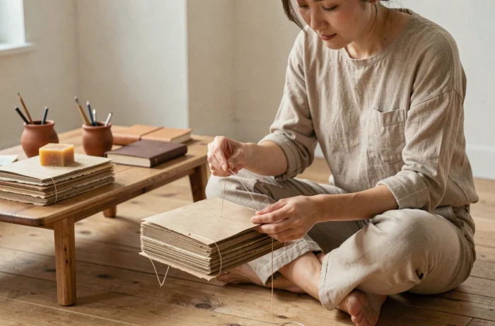 Femme réalisant une reliure japonaise cousue à la main pour fabriquer un carnet artisanal sur un parquet en bois