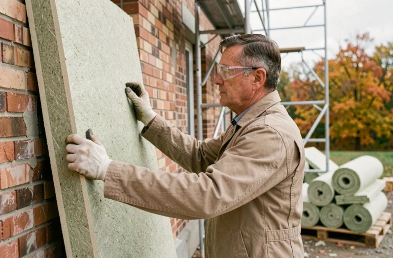 Artisan installant des panneaux d'isolation thermique par l'extérieur sur un bâtiment résidentiel lors d'une rénovation énergétique