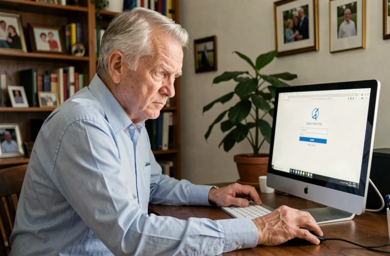 Senior retraité confus devant son ordinateur face à un écran de connexion avec champ mot de passe oublié