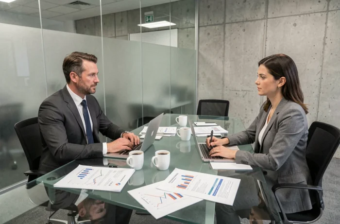 Deux professionnels en réunion discutant d'une stratégie de financement de projet