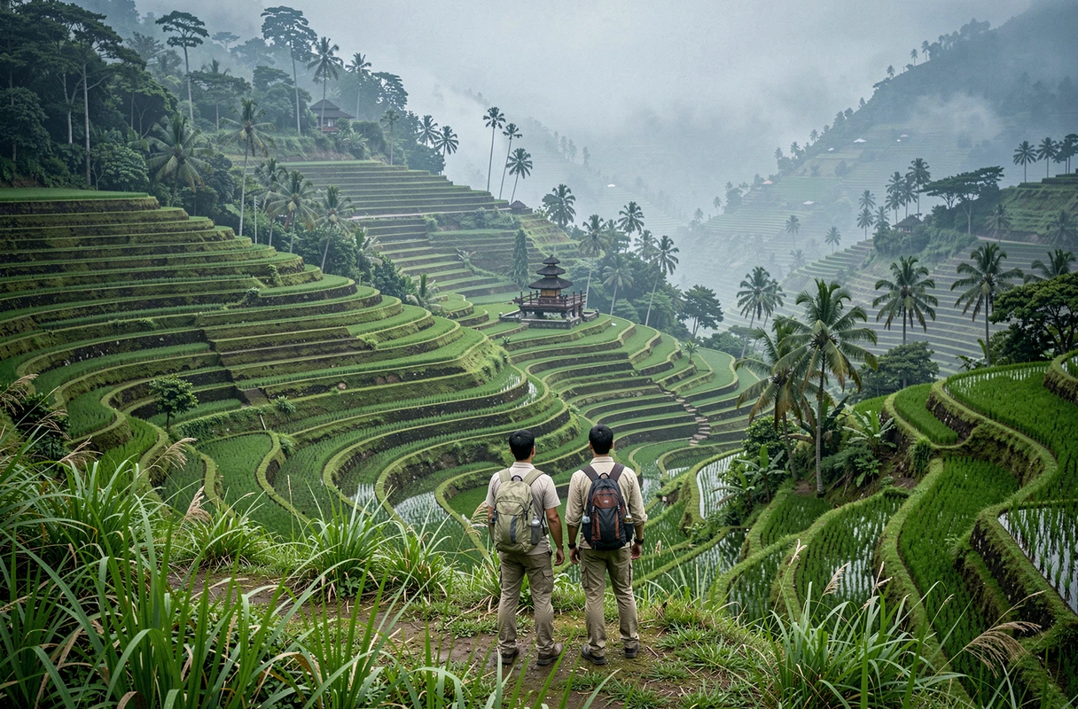 Couple contemplant les rizières en terrasses de Bali, Indonésie, paysage verdoyant et temple balinais traditionnel