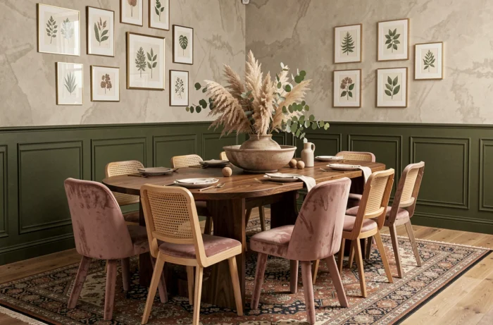 Salle à manger tendance Japandi et maximaliste avec table en noyer, chaises mixtes et mur de cadres botaniques