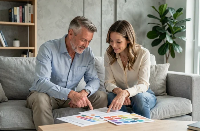 Décoratrice d'intérieur et client passant en revue un rapport de conseil couleur dans un salon scandinave moderne
