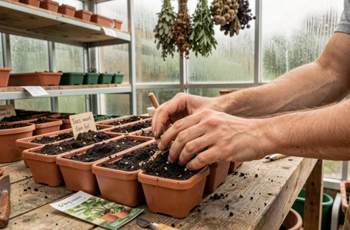 Mains semant des graines dans des terrines en terre cuite sur une table de rempotage en bois, dans une serre avec des plateaux de semis et des herbes séchées suspendues