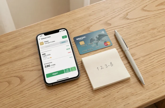 Vue aérienne d'un smartphone avec solde Amazon, une carte bancaire et un carnet pour noter un transfert d'argent