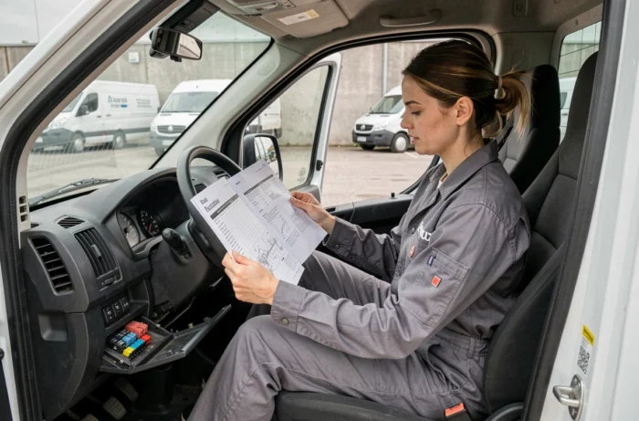 Spécialiste automobile consultant un manuel de réparation pour désactiver l'anti-démarrage d'un Peugeot Boxer dans un dépôt commercial