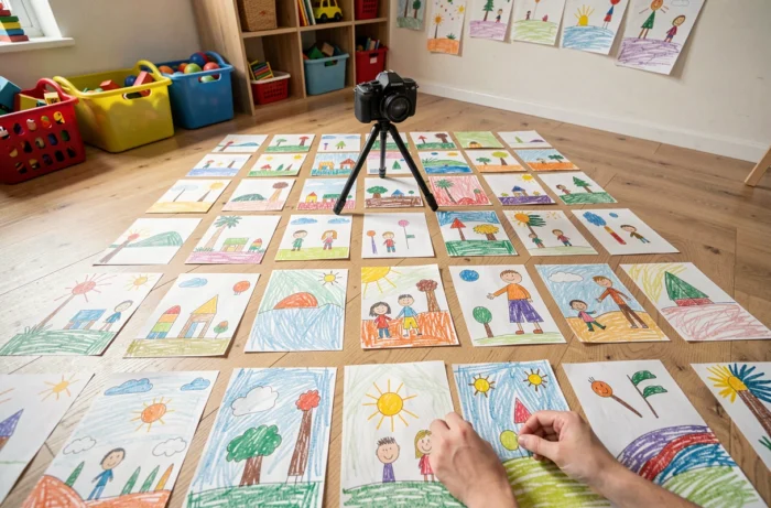 Dessins colorés d'enfant disposés sur le sol pour une session de photographie stop-motion destinée à un diaporama d'anniversaire