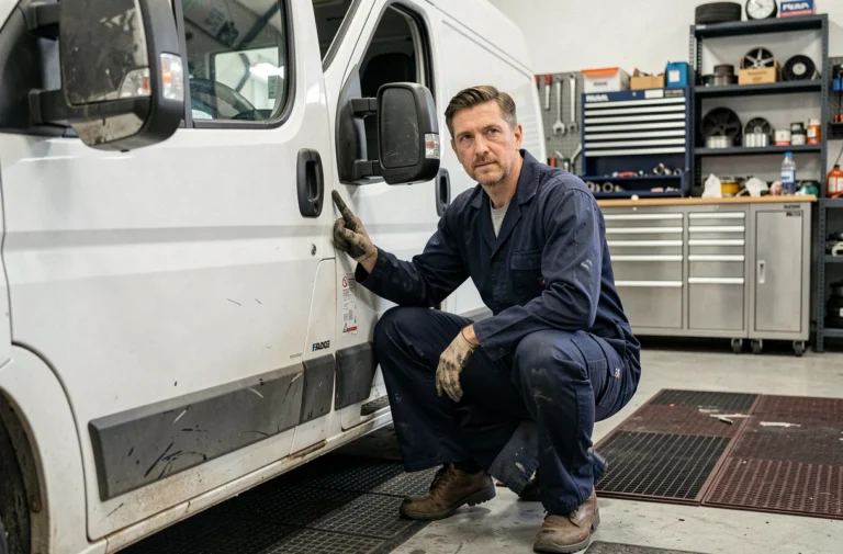 Technicien automobile désactivant l'anti-démarrage sur un Peugeot Boxer blanc dans un atelier professionnel