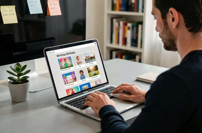 Homme utilisant un template vidéo prêt à éditer sur son ordinateur portable pour créer rapidement un diaporama d'anniversaire